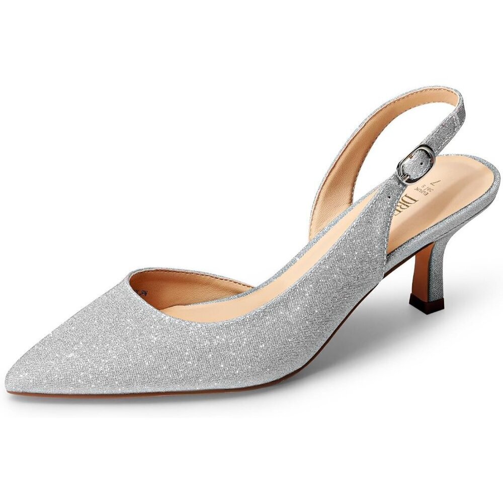 Dream Pairs Women Silver Faux Suede Pointed Toe Slingback Low Kitten Heels